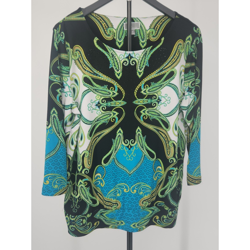 JM Collection Womens Paisley Rhinestone 3/4 Sleeve Top Black Blue Green M